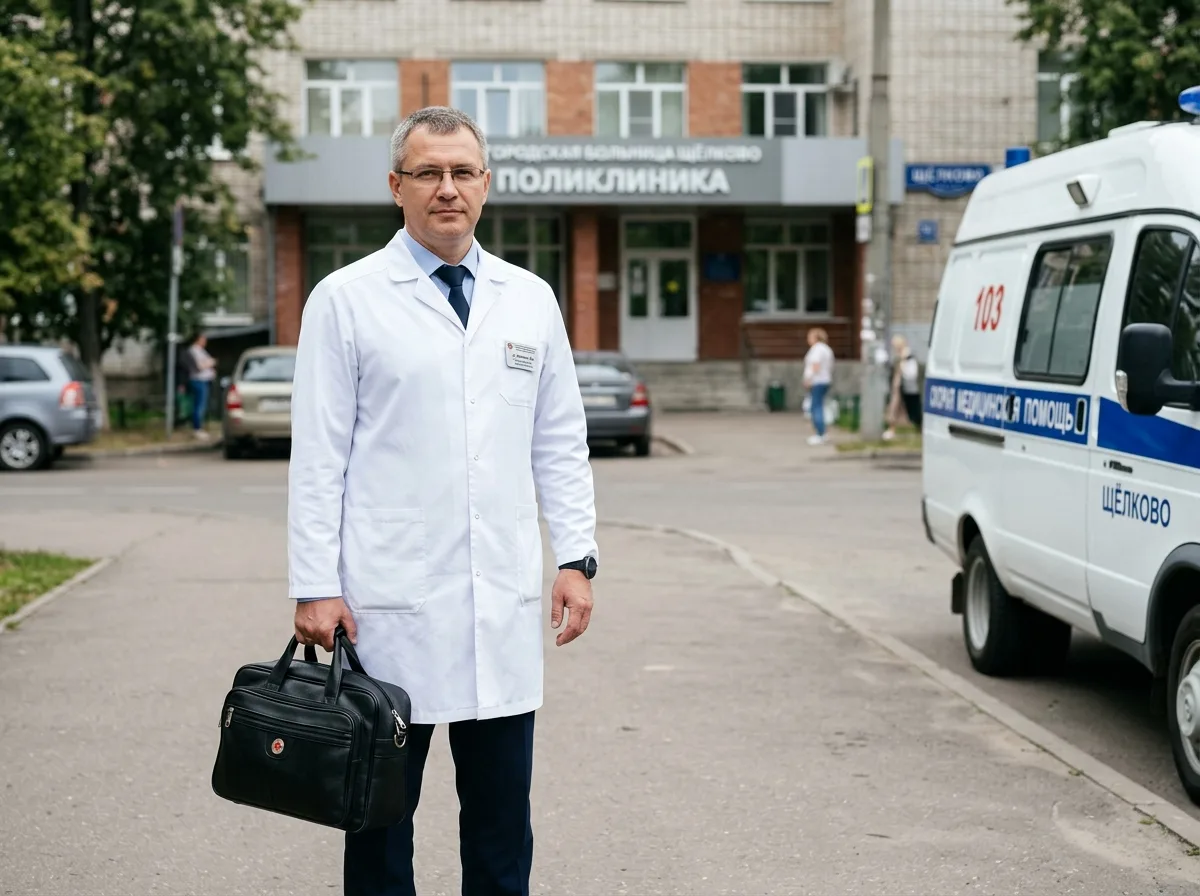 врач нарколог в белом халате стоит с медицинским чемоданчиком, готов к выезду на дом в Щёлково, профессиональный уверенный вид, нейтральный фон