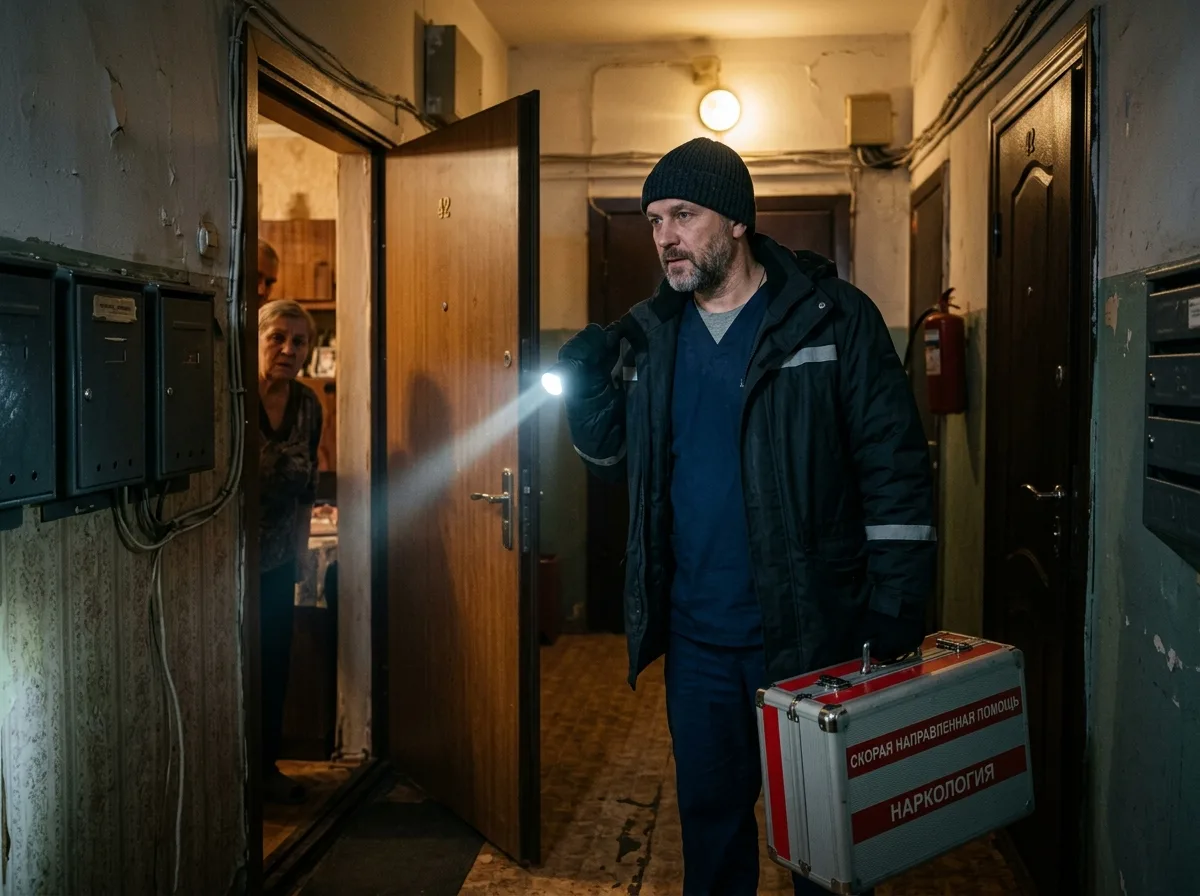 врач нарколог на выезде к пациенту домой, ночное время, медицинский чемоданчик в руке, быстрая помощь, освещение фонарем