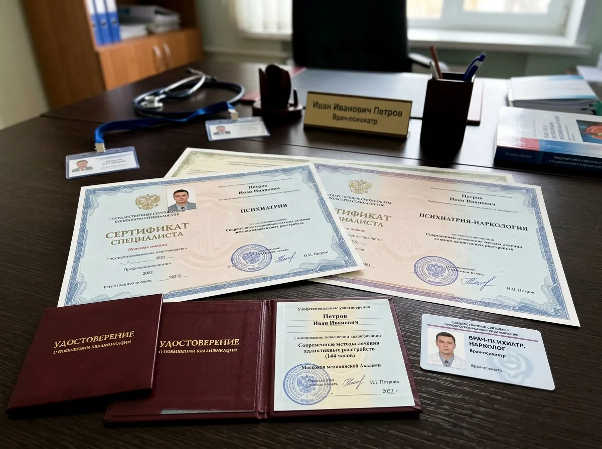сертификаты специалистов врачей нарколога и психиатра, профессиональные удостоверения о прохождении курсов повышения квалификации